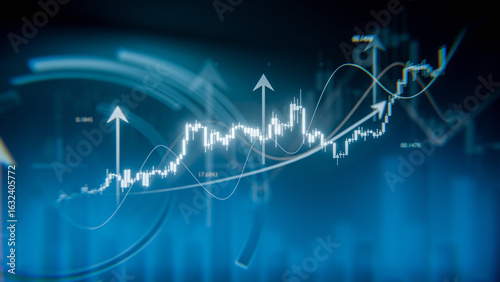 Photos Rising candlestick chart on a blue background, financial market growth chart, ri