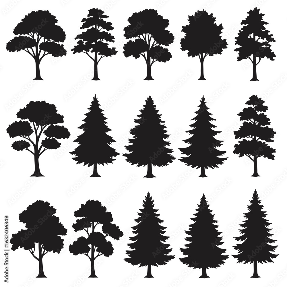 Obraz premium Collection of black tree silhouettes on a white background