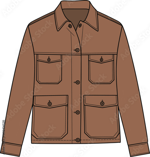 Brown utility jacket with button closure, four flap pockets, classic collar design, durable fabric, casual outerwear, functional style, flat vector CAD drawing, fashion illustration, garment design
