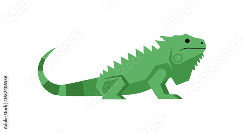 Stylized depiction of a green iguana in a simplified design showcasing reptilian features and geometric shapes against a clean white background