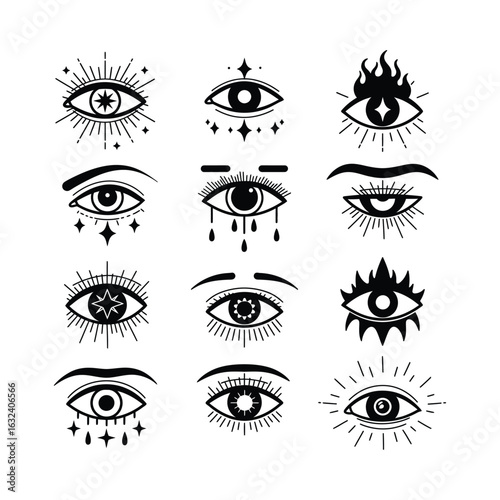 Collection of mystical all-seeing eye symbols. Esoteric line art illustrations with stars, tears, and flames for spiritual design