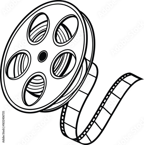 Black and white film reel with filmstrip illustration perfect for cinema and movies