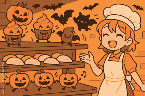 Joyful anime Halloween scene with cute kids and creatures in costumes, bold lines, solid flat colors, no gradients, pumpkins, candy, dancing, spooky-fun vibe, vibrant festive background.