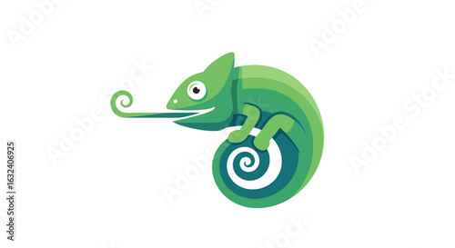 Stylized green chameleon illustration with a curled tail and tongue on a white background, suitable for logo design, graphic, art
