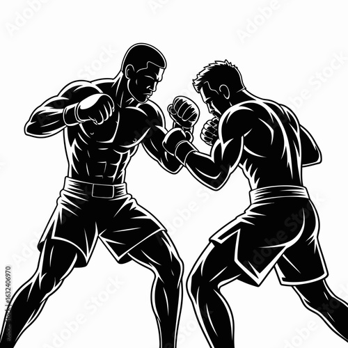 black and white boxers fighting in action clip art preview