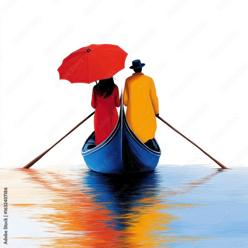 Fototapeta premium Romantic Couple in Blue Gondola with Red Umbrella and Yellow Raincoat