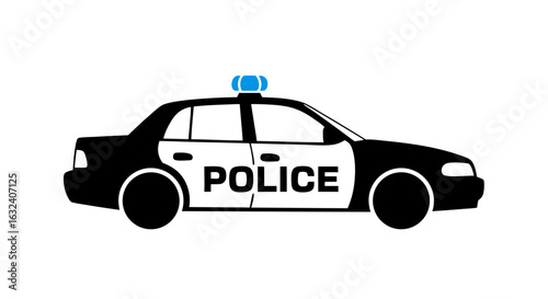 Simplified Black and White Police Car Icon Illustration Featuring a Blue Light Bar for Law Enforcement Depictions