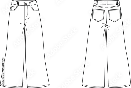 CAD drawing, flat vector illustration, wide leg jeans design, front and back view, fashion technical sketch, denim trousers