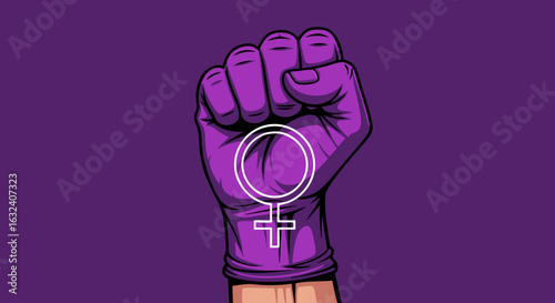 Empowered fist illustration with the symbol of feminism on a purple background creating a visually striking impactful statement showing unity and