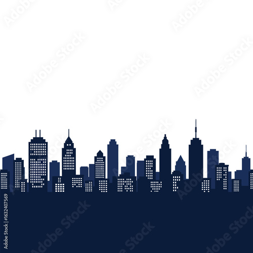Dark Blue City Skyline Silhouette with White Windows
