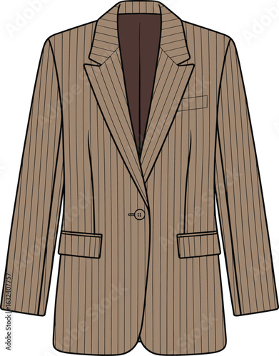 Brown pinstripe blazer design, formal men’s jacket flat sketch, fashion CAD drawing, front view vector illustration, tailored suit jacket, long sleeve outerwear, stylish apparel drawing