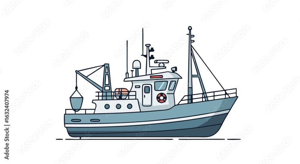 Fototapeta premium Stylized Fishing Trawler Illustration with Detailed Rigging and Navigation Equipment isolated for digital design marine themes and seafood marketing