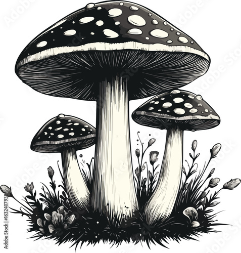 A single red fly agaric mushroom with white spots stands out against a white background, a classic symbol of nature and autumn