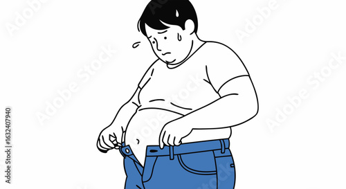 Frustrated man struggles with his jeans symbolizing weight gain and body image concerns