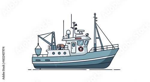Stylized Fishing Trawler Illustration with Detailed Rigging and Navigation Equipment isolated for digital design marine themes and seafood marketing