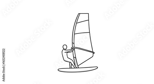 Windsurfing Silhouette on White Backdrop: A Simple Line Drawing of Summer Activities and Watersports Enthusiasts Silhouette is Ideal for Sport