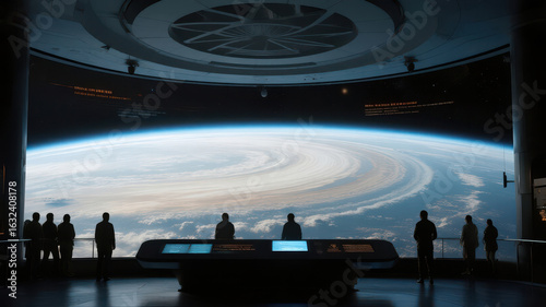 Visitors observe a large screen displaying a swirling atmospheric phenomenon, possibly a hurricane or storm system.