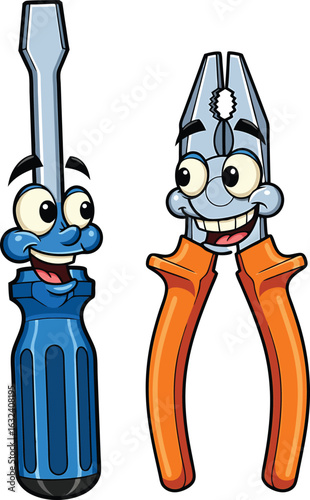 Cheerful cartoon screwdriver and pliers with smiling faces for diy and repair concepts