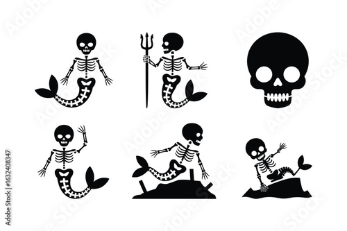 Skeleton mermaids and skull trident black