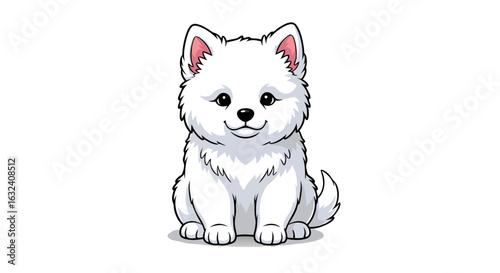 Charming illustration of a fluffy white dog breed with an endearing and joyful expression character concept design is perfect for a pet adoption
