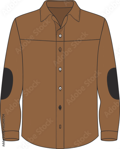 Men button up shirt template, long sleeve shirt design, elbow patch fashion style, CAD flat sketch, vector drawing, apparel mockup, front view illustration