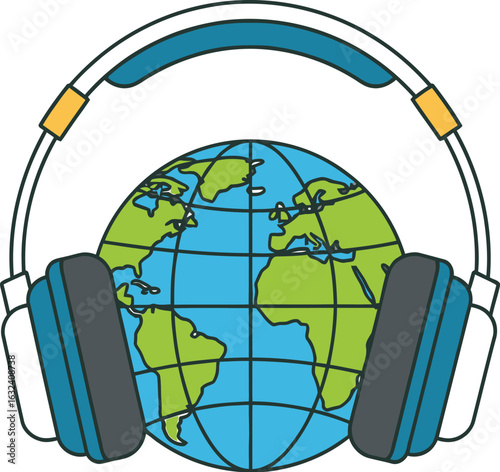 Globe with Headphones for Global Communication and Entertainment