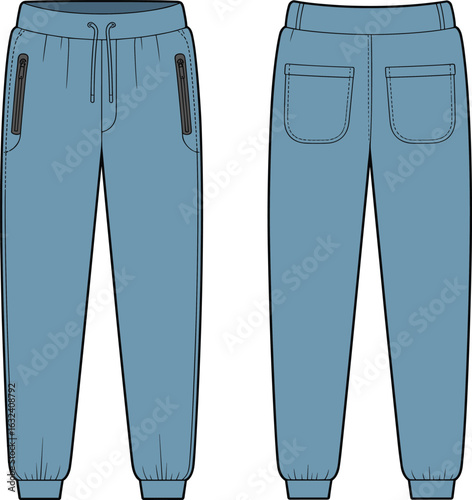 Basic jogger pants template, men casual trousers design, fashion CAD flat sketch, front and back view, vector illustration, apparel mockup, technical drawing