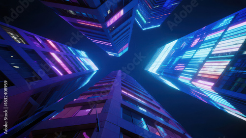 Neon-lit skyscrapers towering into the night sky, creating a vibrant urban landscape.