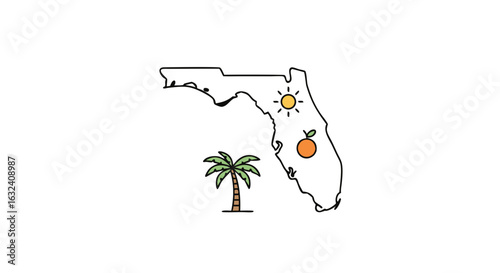 Florida state outline illustration with sun, orange and palm tree icons depicting sunshine state vibes and tropical nature