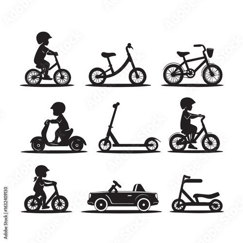Vector art of collection of children riding various vehicles like bicycles, scooters, and a car, all as black silhouettes on a white background