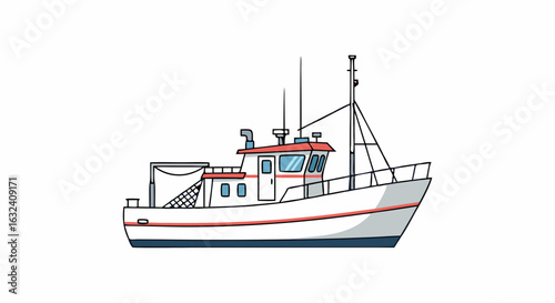 Detailed Illustration of a Sturdy Fishing Boat Navigating the Sea with Precision and Style