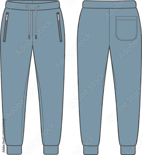 CAD drawing flat vector illustration of jogger pants, stylish sweatpants design, front and back view, fashion template, technical apparel sketch, activewear