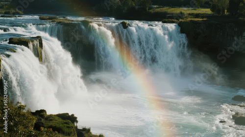 Spectacular Waterfall with Rainbow Amidst Lush Greenery