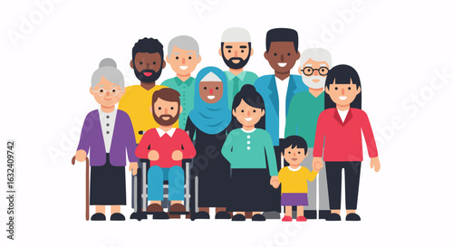 Inclusive diverse community representing various ages, abilities, and cultural backgrounds illustration, a welcoming representation of societal
