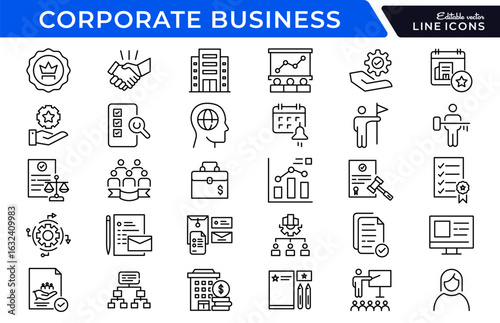 Corporate business linear icon set. Office, team, leadership, meeting, strategy, employee, management, success, briefcase, chart, partnership, startup, workplace vector icon set. UI thin line pack