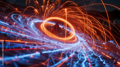 Dynamic Light Trails Forming a Vortex in an Urban Setting