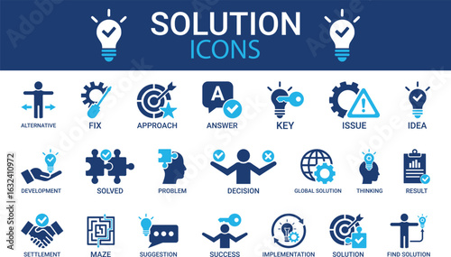 Solution icon set. Containing problem-solving, alternative, resolve, answer, maze, issue, and success icons. Solid icon collection. Vector illustration.