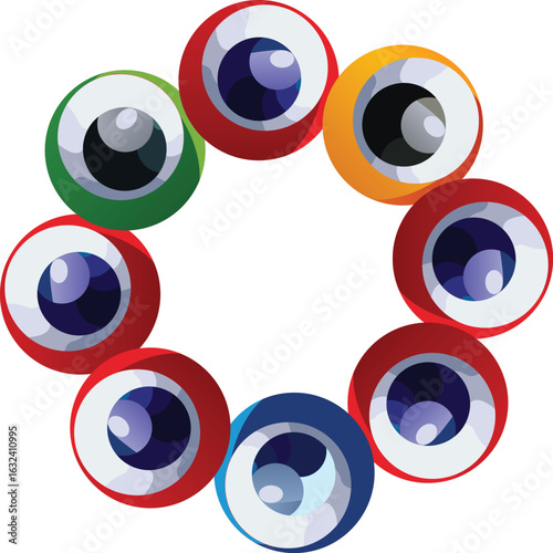 Ring of Eyes Colorful Spheres with Irises and Pupils Vector Illustration
