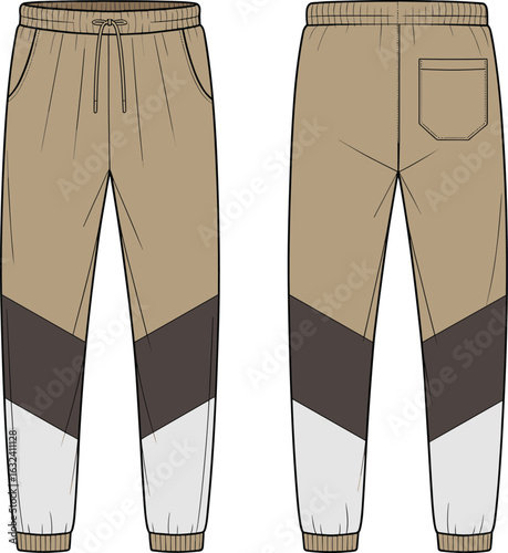 cad drawing flat vector illustration, jogger pants front and back, fashion sketch, color block design, apparel template, technical flat, garment mockup, modern joggers, unisex pants, streetwear style