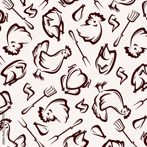 Chicken grill background, pattern set. Collection icons chicken grill. Vector