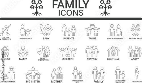 Family icon set. Line art icons containing parents, mother, father, children, baby, grandparents, and household icons. Solid icon collection. Vector illustration.