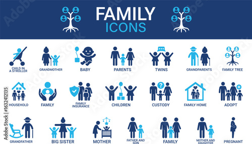 Family icon set. Containing parents, mother, father, children, baby, grandparents, and household icons. Solid icon collection. Vector illustration.