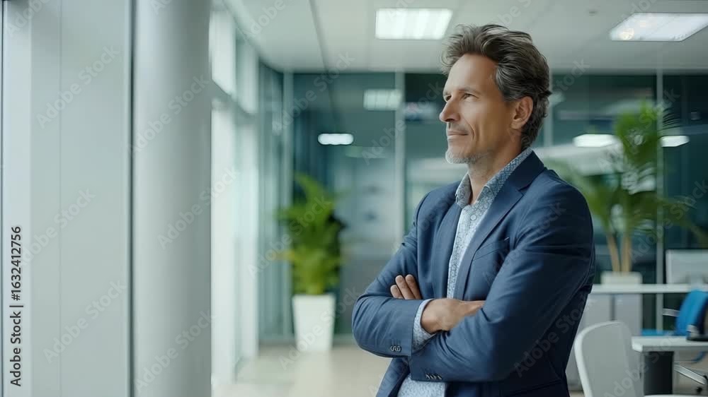 A man in formal attire contemplates thoughtfully by a window in a sleek office setting during daylight hours A man in formal attire contemplates thoughtfully by a window in a sleek office setting during daylight hours