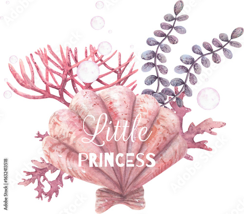 Watercolor kids hand draw set of sea life for little princess. Children's illustration with shells, pearl . Hand draw reef for child.