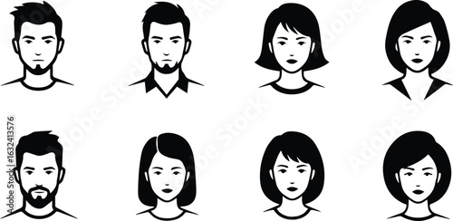  collection of diverse human avatar icons, isolated on white background, showcasing various hairstyles, facial features, and expressions in a minimalist design