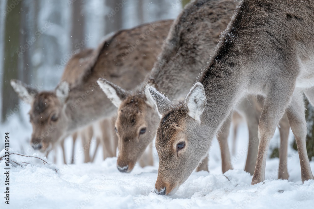 Fototapeta premium Three deer in snowy forest
