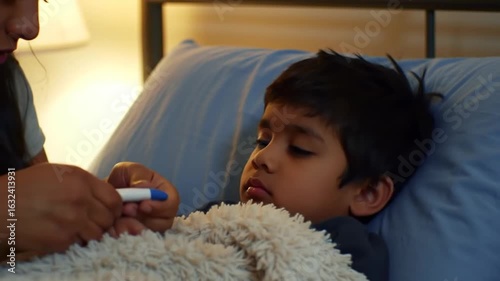 Caring Mother Taking Temperature of Sick Child in Bed at Home