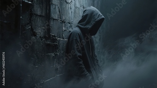 A solitary figure in a hoodie stands against a foggy, dark wall, creating a mysterious and introspective atmosphere.