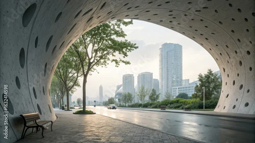 Obraz Modern architectural tunnel with cityscape view and wet pavement