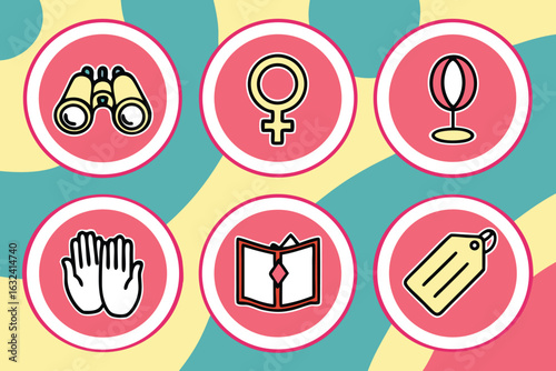 Six Colorful Icons on Patterned high quality Background symbol graphic